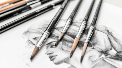 Fototapeta premium Artistic Tools and Sketches: Makeup Brushes and Pencil Drawing