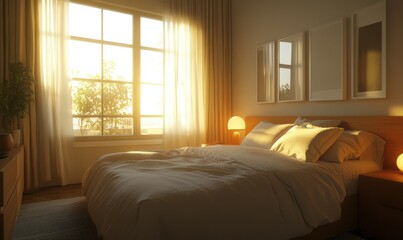 Fototapeta premium Elegant minimalist bedroom with neutral-toned decor, a plush bed, and soft glowing lamps on wooden side tables, bright natural light streaming in through large windows,