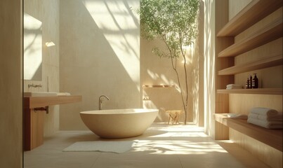 Fototapeta premium Elegant modern bathroom with a freestanding bathtub, wooden shelves, and soft beige tones, natural light pouring in through a large window, serene spa-like ambiance