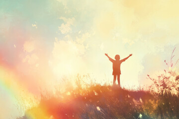 A dreamy, soft focus illustration of a child standing on a hill, arms wide open as a rainbow appears.