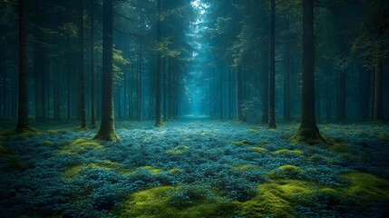 Obraz premium Mesmerizing Bioluminescent Forest Glade Blanketed in Lush Moss Carpet