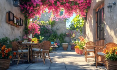 Fototapeta premium Wicker chairs and tables sit on a stone patio under a blooming bougainvillea in a charming italian courtyard cafe