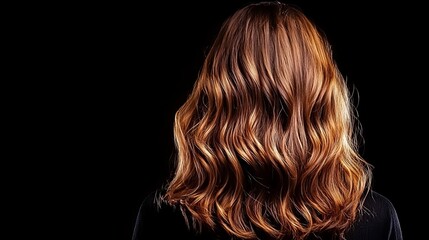 Fototapeta premium Woman's luscious wavy auburn hair cascades down her back against a dark background. A study in rich tones and texture.