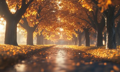 Majestic autumn scene with glowing orange trees lining a peaceful path under soft golden sunlight. Crisp details and rich hues evoke serenity,