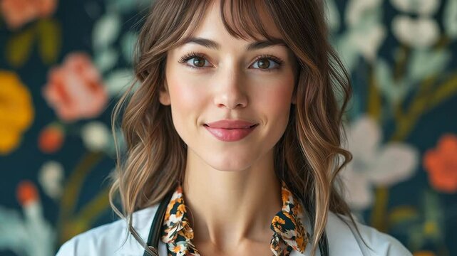 Cheerful healthcare professional against floral background expresses warmth and confidence