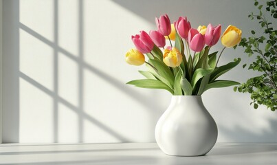 Elegant tulip bouquet in vibrant shades of pink and yellow placed in a sleek white vase, soft natural light enhancing its fresh and cheerful design
