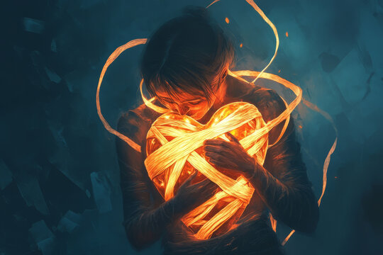A symbolic and emotional illustration of a person tending to a wounded heart, wrapping it in glowing bandages, symbolizing the healing process of emotional wounds.