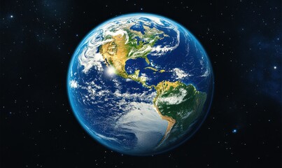 Majestic view of planet Earth from space, illuminated by the soft glow of the sun, vast oceans and continents visible in stunning detail,