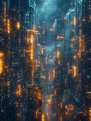 Fototapeta premium A digital cityscape with glowing interconnected cubes in a cyberpunk style, highlighted by cinematic lighting