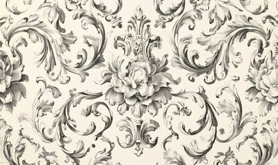 Obraz premium Intricate vintage baroque pattern showcasing stylized acanthus leaves, blooming flowers, and decorative elements in a monochrome palette