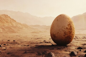 A large egg like object rests on a barren landscape