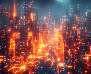 Obraz premium A digital cityscape with glowing interconnected cubes in a cyberpunk style, highlighted by cinematic lighting
