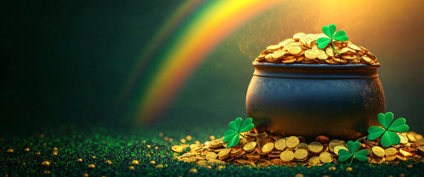 A vibrant depiction of a pot of gold overflowing with coins, shamrocks, and a rainbow, perfect for St. Patrick's Day marketing, celebrations, and event promotions.