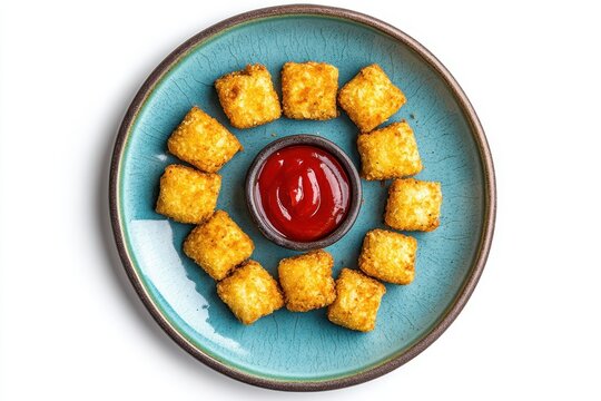 Crispy vegan nuggets with ketchup on a blue dish