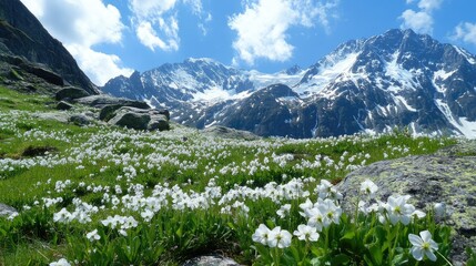 A breathtaking alpine landscape featuring clusters of Silene acaulis on a rocky slope with a backdrop of snow-capped Swiss mountains.