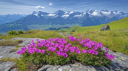 Fototapeta premium A breathtaking alpine landscape featuring clusters of Silene acaulis on a rocky slope with a backdrop of snow-capped Swiss mountains.