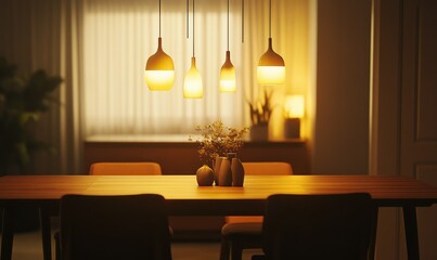 Elegant dining area featuring a sleek wooden table, minimalist chairs, and warm pendant lights adding a cozy ambiance.