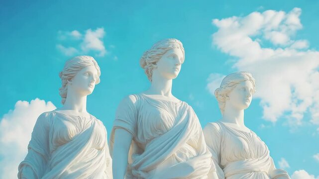 Graceful marble statues against a bright sky with passing clouds