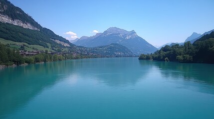 Naklejka premium A breathtaking Swiss Alps scene featuring the Wellhorn mountain, Rosenlaui valley, and the crystal-clear Reichenbach River on a sunny summer day