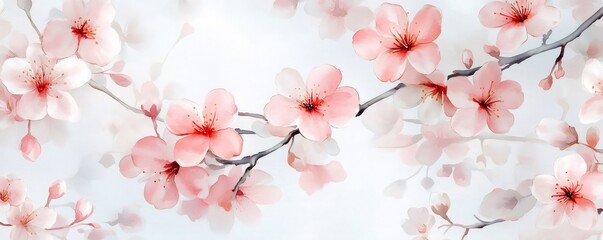 Fototapeta premium Watercolor painting showcasing delicate pink cherry blossoms blooming on graceful branches, creating a serene and beautiful natural scene