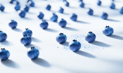 Fresh blueberries scattered on a clean white surface, illuminated by natural light to create a vibrant and refreshing flat-lay composition,