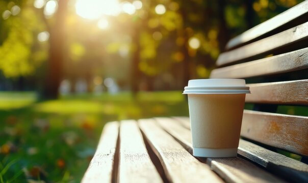 Disposable coffee cup resting on a wooden bench in a sunny park, surrounded by blurred greenery for a relaxing vibe