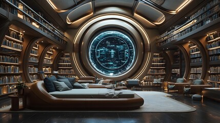 Obraz premium Futuristic Colossal Library with Sleek Mahogany Furnishings and Shimmering Digital Archives