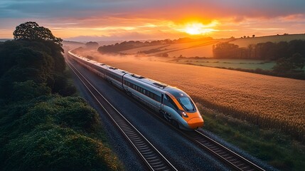High Speed Train Gliding Through Picturesque Countryside Sunrise Landscape