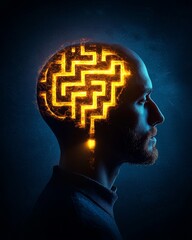 Surreal Conceptual Illustration of Brain Maze in Human Portrait Profile