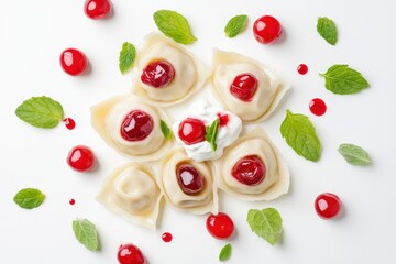 Naklejka premium Delicious Ukrainian cherry dumplings topped with sour cream and mint