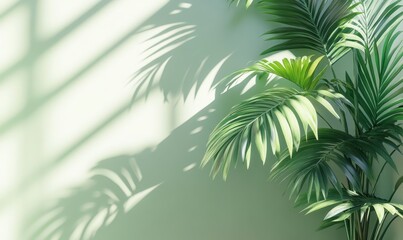 Fototapeta premium Fresh green tropical palm leaves casting soft shadows against a clean pastel background, creating a serene and refreshing natural composition