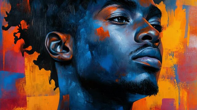Expressive portrait of a young man in vibrant abstract style with dynamic lighting