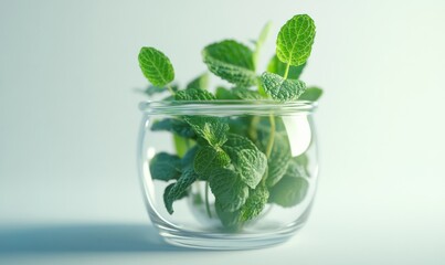 Obraz premium Fresh mint leaves in a clear glass jar, symbolizing freshness, health, and organic beauty.