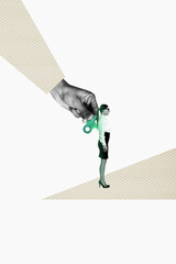 Exclusive art banner collage of happy employee girl kidnapping win-up toy obey movement...