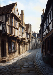 Fototapeta premium Historische Gasse mit Fachwerkhäusern in sanfter Morgenstimmung