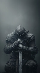 Dark medieval king in ornate black armor seated with a mighty sword
