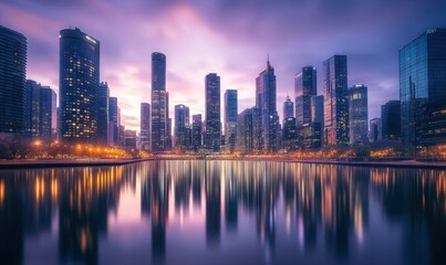 Obraz premium Futuristic city skyline at dusk with glowing skyscrapers, reflections shimmering on the nearby rive