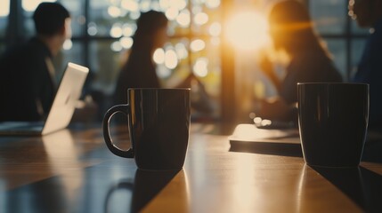 Two coffee mugs are sitting on a wooden table in the foreground, while blurry businesspeople are having a meeting in the background, illuminated by the setting sun