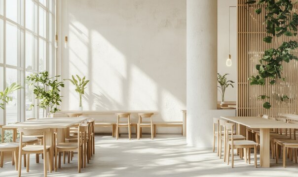 Minimalist dining area with light wooden furniture, clean white walls, and subtle greenery, sunlight streaming through large windows creating a bright and welcoming atmosphere,
