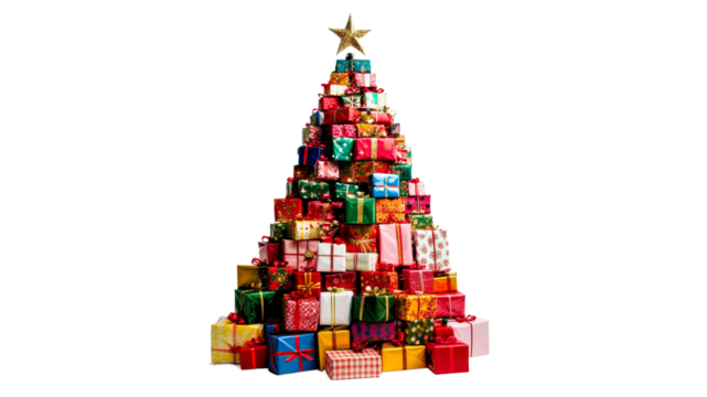 Festive gift display by Christmas tree