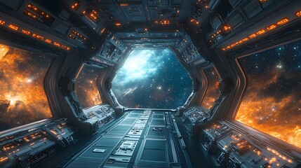 Advanced Interstellar Spacecraft Command Bridge Overlooking Boundless Cosmic Expanse