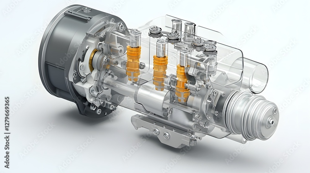 Poster a highly detailed and transparent cross section view of an air powered piston engine revealing its i