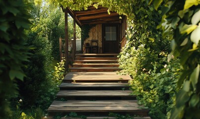 Fototapeta premium Rustic wooden staircase leading to a warm and inviting cottage, framed by lush greenery, evoking charm and simplicity.