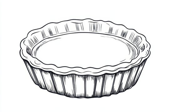 Doodle style flat outline of a round cake or pie baking pan for a coloring book