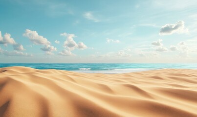 Scenic beach landscape with golden sand dunes and calm blue waves, peaceful coastal scenery perfect for relaxatio.