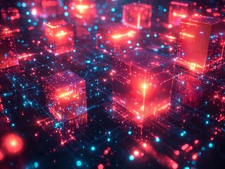 Obraz premium A digital cityscape with glowing interconnected cubes in a cyberpunk style, highlighted by cinematic lighting