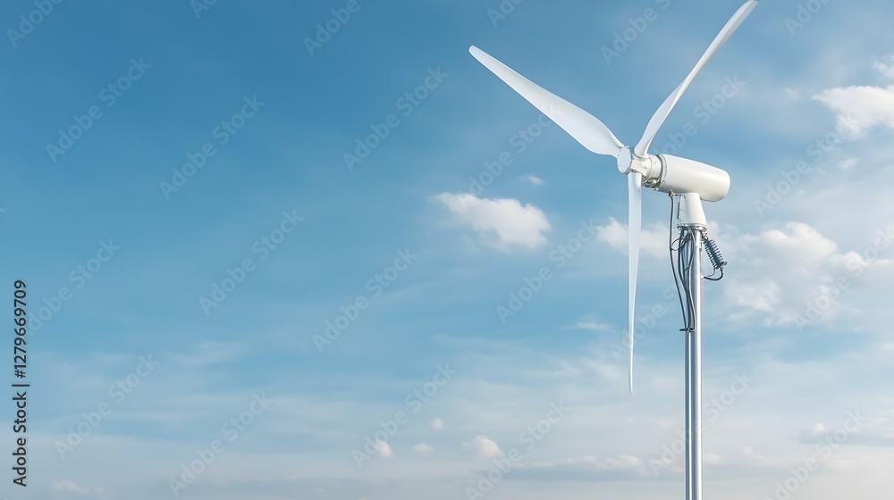 Poster A photo of a pneumatic turbine generating power in a renewable energy wind system  The image showcases the technology of wind power a large wind turbine with blades rotating in the sky