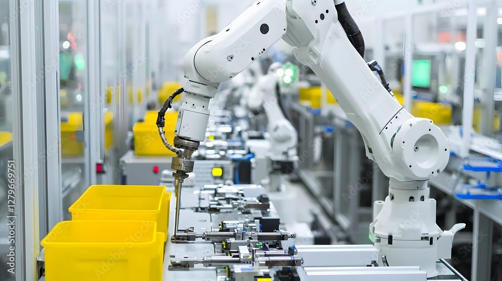 Aufkleber A photo of a robotic arm with hydraulic actuators used in a modern manufacturing assembly line for efficient and precise automated production processes