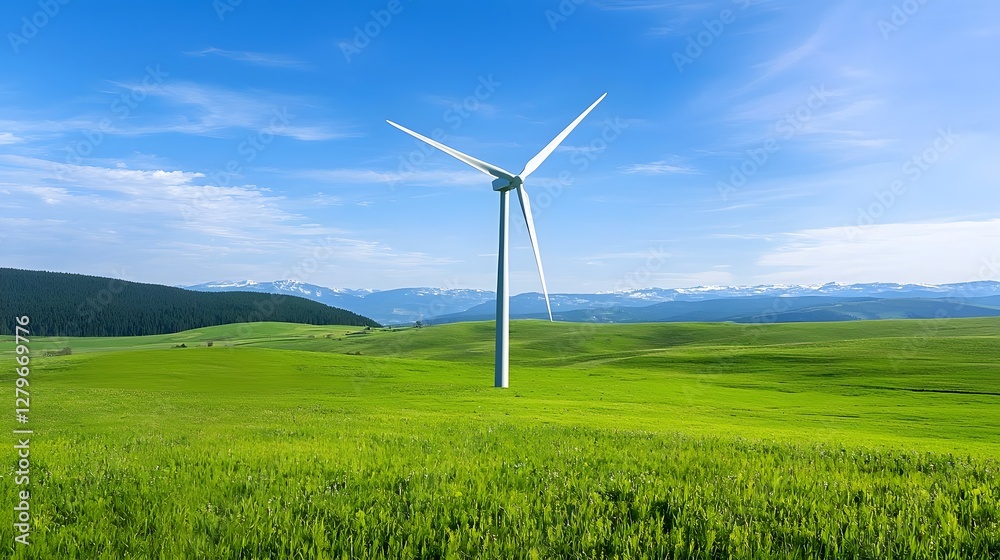 Poster a photograph showcasing a large wind turbine generating electricity in a renewable energy system sur