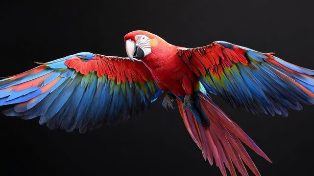 Vivid scarlet macaw soars gracefully with expanded wings in slow motion